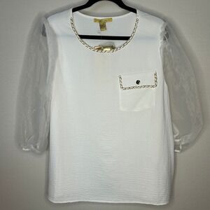 Love Forever By Design Bright White Gold Chain Dressy Blouse‎ Womens Plus 1X NWT